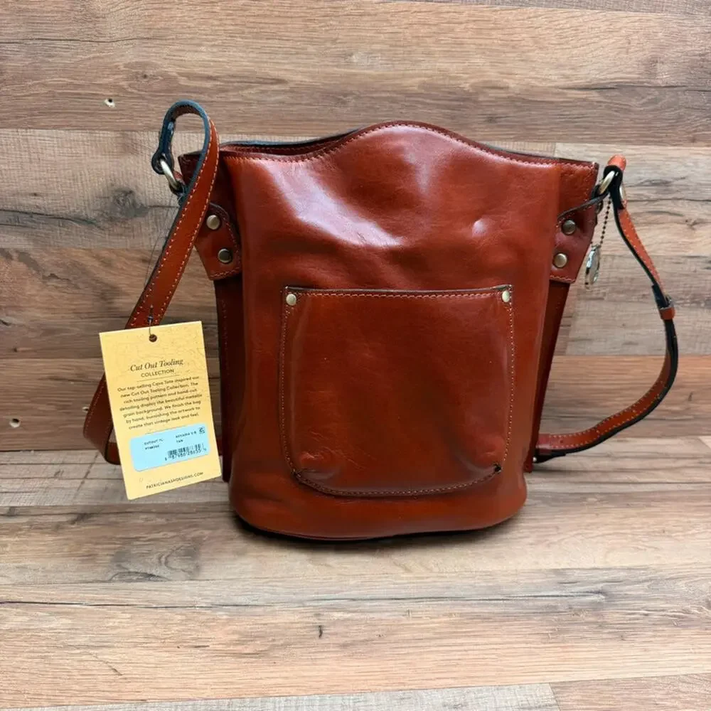 Patricia Nash Leather Accadia Bucket Drawstring Crossbody Bag Tan Cutout